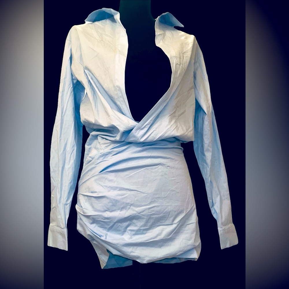 MABLE Baby Blue Long Sleeve Collar Wrap Bodycon Mini Shirt Dress